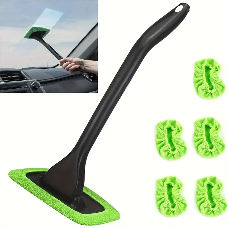 Car Windshield Cleaning Wand Tool, 5 Reusable Cloth Pads, Interior Auto Window Cleaner, Car Detailing Accessories
