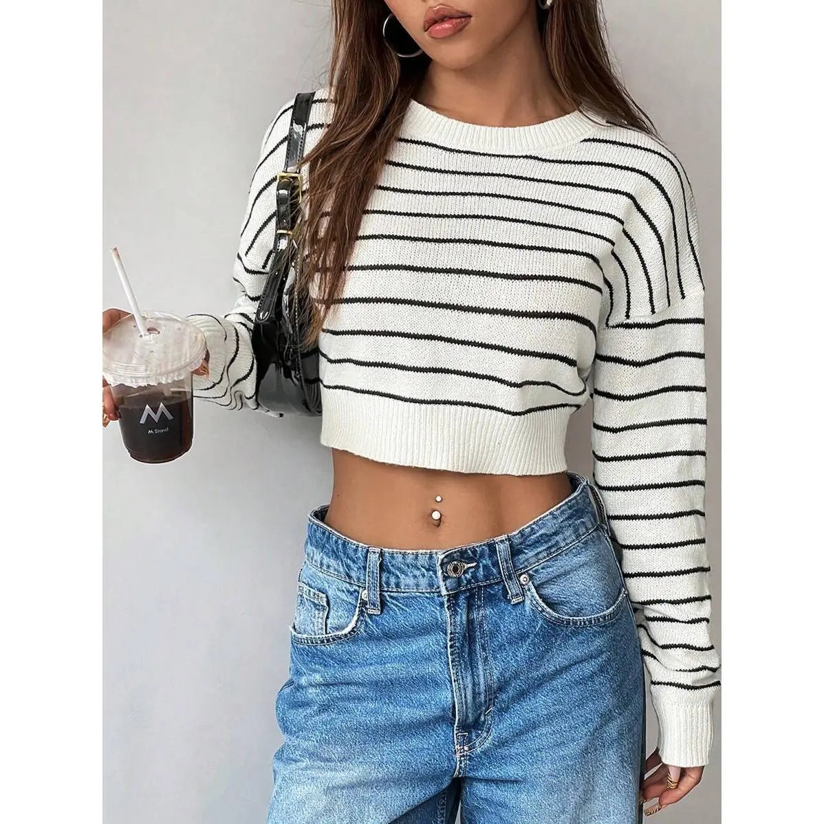 Women Loose Fit Striped Cropped Sweater,Long Sleeve Tops Knit Pullover Fall Winter Outfit
