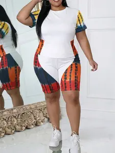 Plus Size Two Piece Set for Women – Color Block Fitted Tee Top with Stretch Biker Shorts Casual Street Outfit