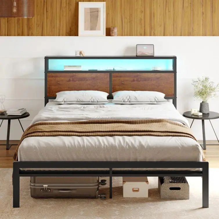 Hausource Bed Frame with Storage Headboard Glowing LED Lights USB Charging Ports Sturdy Metal Platform Elegant Design for Any Home Style apartment furniture