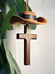 Cowboy Cross Car Charm – Rustic Wood  Faith Vibes for Your Rearview Mirror