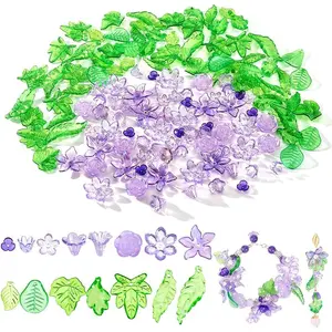 150 count   Flower Bead Caps Green  Leaf Charms, 15 Styles Transparent  Flower Charm and Leaves Spacer Beads Caps for Earring Bracelet Necklace  Making