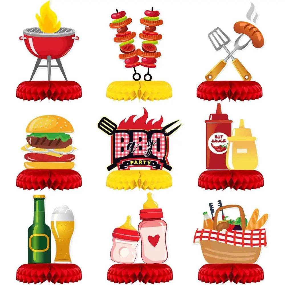 9-Piece Checkered BBQ Honeycomb Centerpieces - Grill & Beer Tableware Ornaments, Bright Patterns Won't Fade, Summer Picnic Birthday Party Supplies