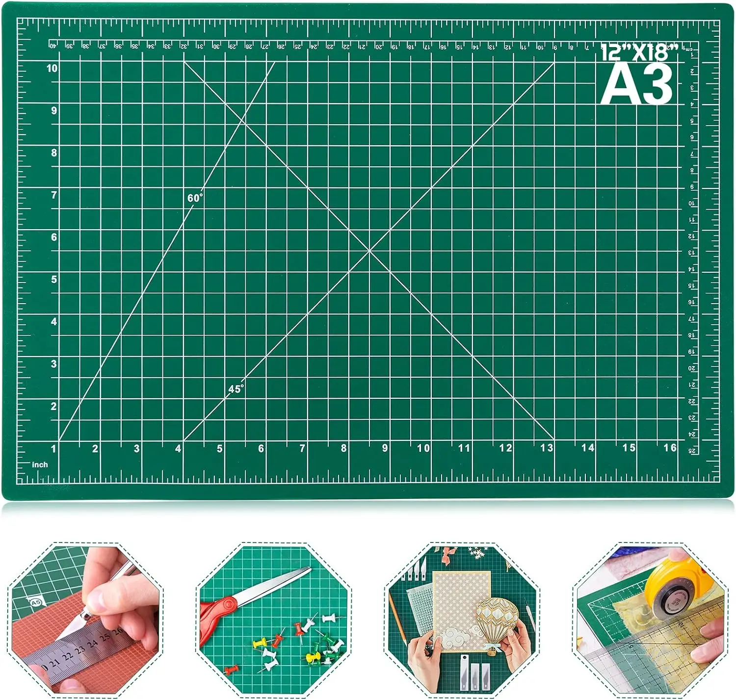Self-Healing Rotary Cutting Mat, 12in x 18in (A3 Size) 5-Layer Double-Sided Office Cutting Board for Artist, Sewing Crafts, Fabric Precision Projects with Rotary Cutters, Engraver Compatibility