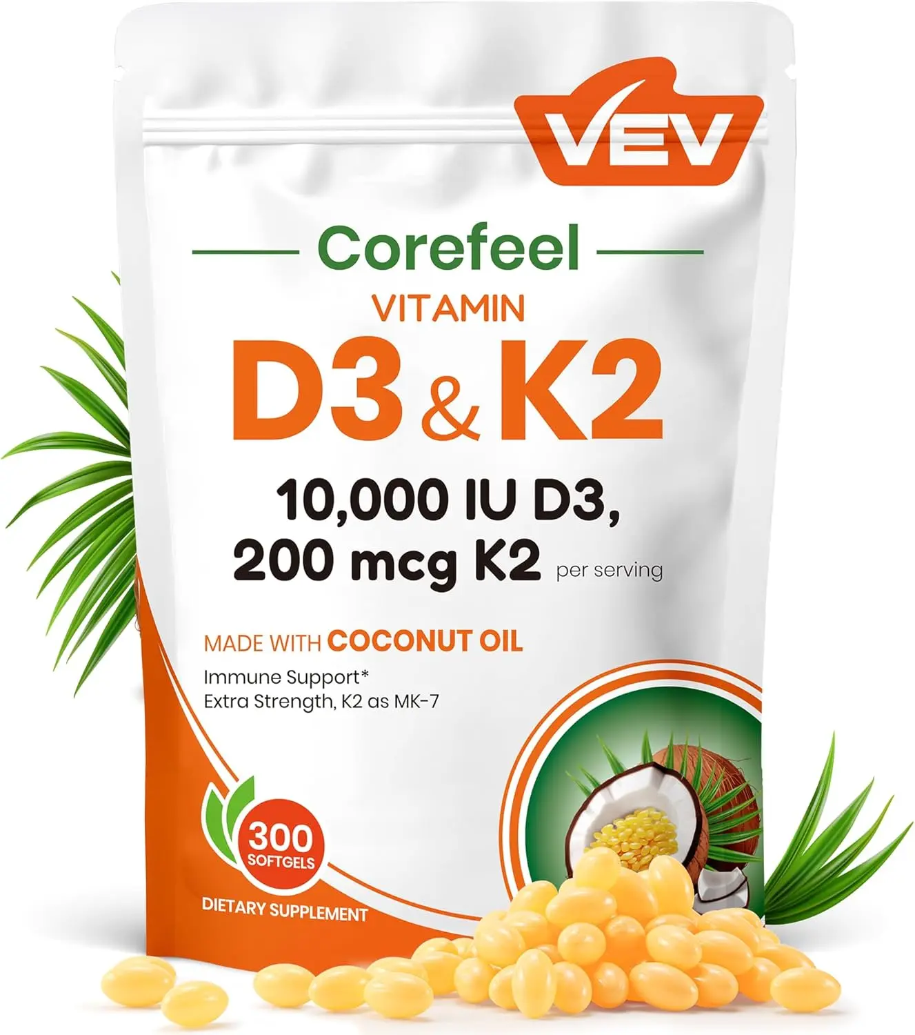 Extra Strength Vitamin D3 K2 MK7 Softgels 10000IU D3 200mcg K2 with Virgin Coconut Oil Daily Bone & Immune Wellness Support 300 Count Dietary Supplement
