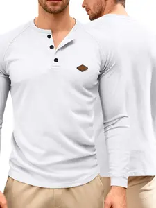 Men's solid color raglan sleeve henley shirt with a small leather label logo at the chest, regular casual version of the fit, leisurely sports long-sleeved sweater, men's daily wear top, men's casual top, eco-friendly material.