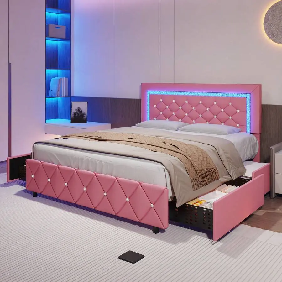 Storage Upholstered Platform Bed Frame (Twin/Full/Queen Sizes) - Faux Leather Headboard & Footboard, Diamond Tufted, LED Lights, USB Ports, Hidden Storage Compartment, No Box Spring Needed, Stable Indoor Bedroom Furniture, Storage Bed Frame, Upholstered P