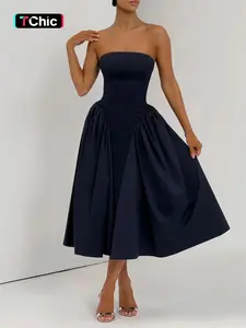 Elegant Midi Plain Color Strapless Dress for Women, Chic and Sophisticated Design for Special Occasions, Stylish Party Dress