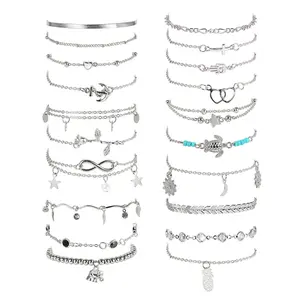 FASACCO 20pcs Ankle Bracelets for Women Adjustable Beach Anklet Set Surfer Anklet Heart Star Turtle Infinite Anklets Foot Summer Jewelry,summervibes Summervibes