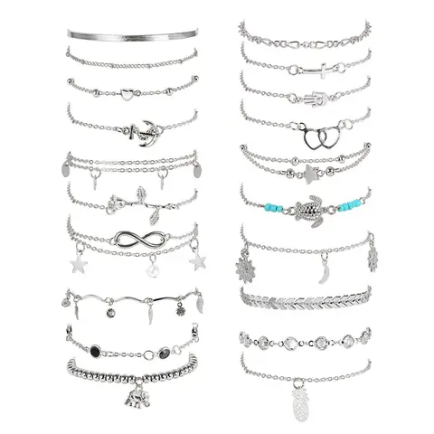 FASACCO Women's 20pcs Adjustable Silver Anklets Set - 8.6in with 2in Extend Chain, Classic Costume Jewelry with Heart, Star Shapes, Turtles, Infinite, Animal Designs, Flexible Clasp for Beach, Summer Surfer Style
