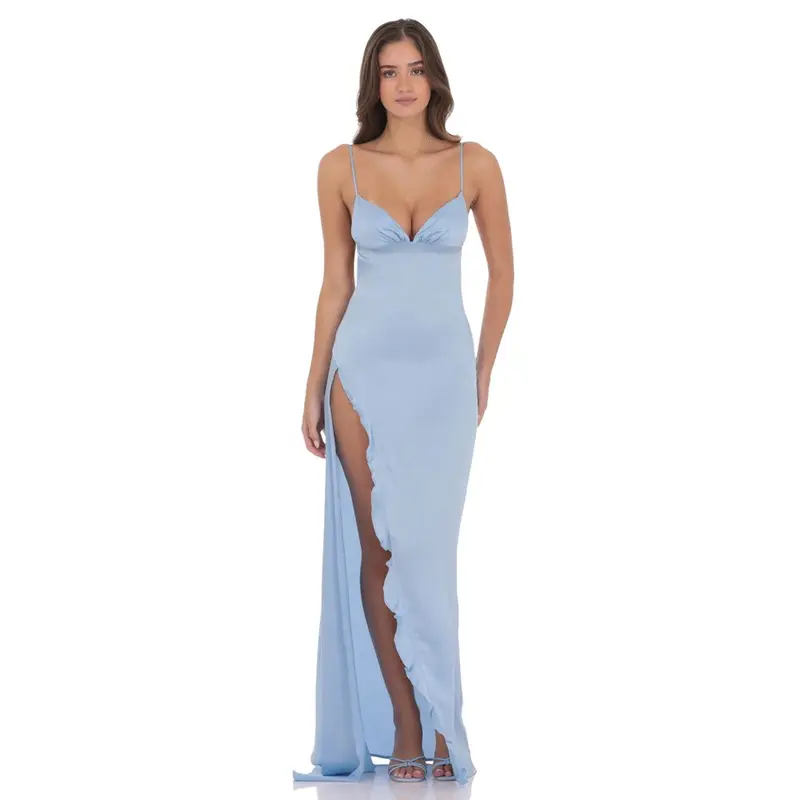 Satin Ruffle Slit Maxi Dress in Light Blue