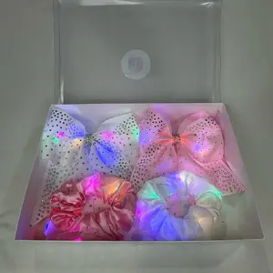 Kids' Party-Ready Glow Box Hair Accessory Set - 2 Light-Up Hair Bows, 2 Light-Up Scrunchies (White & Pink)