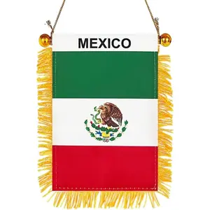 4 X 6 Mexican Flag Small Mini Mexico Flags Banners for  Rearview Mirror Window Hanging Decor with Suction Cup & Fringy