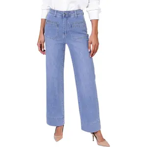 Wide Leg Jeans Woman Trendy High Waisted Patch Pocket Stretchy Denim Pants Vintage Casual Trouser Jeans