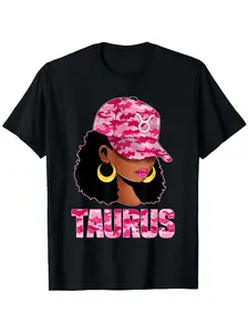 Zodiac T-Shirt Featuring a Taurus Queen a Confident with an Afro in Pink Camouflage Same Style for Men and Women 2026 Summer Short-sleeved Printed T-shirt 180G