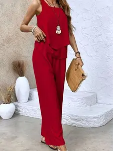 Two-piece women's red sleeveless double-layer top + wide-leg trousers, light and mature aura style two pieces, suitable for light formal social networking, business leisure occasions, exquisite street styling, daily commuting, Womenswear