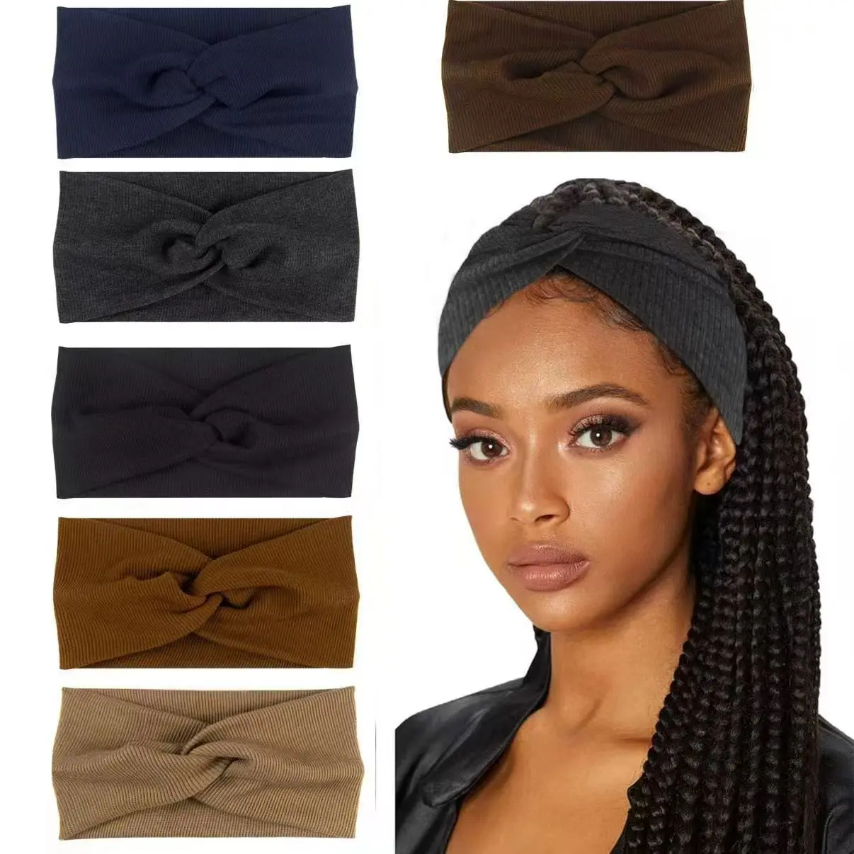 Adults' One-Size Knit Headbands - High Elasticity, Sweat-Absorbing Workout Hair Accessories with Multiple Colors (Black, Brown) for Yoga, Running