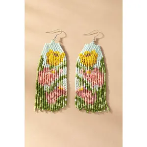 pink and yellow flowers seed bead drop earrings