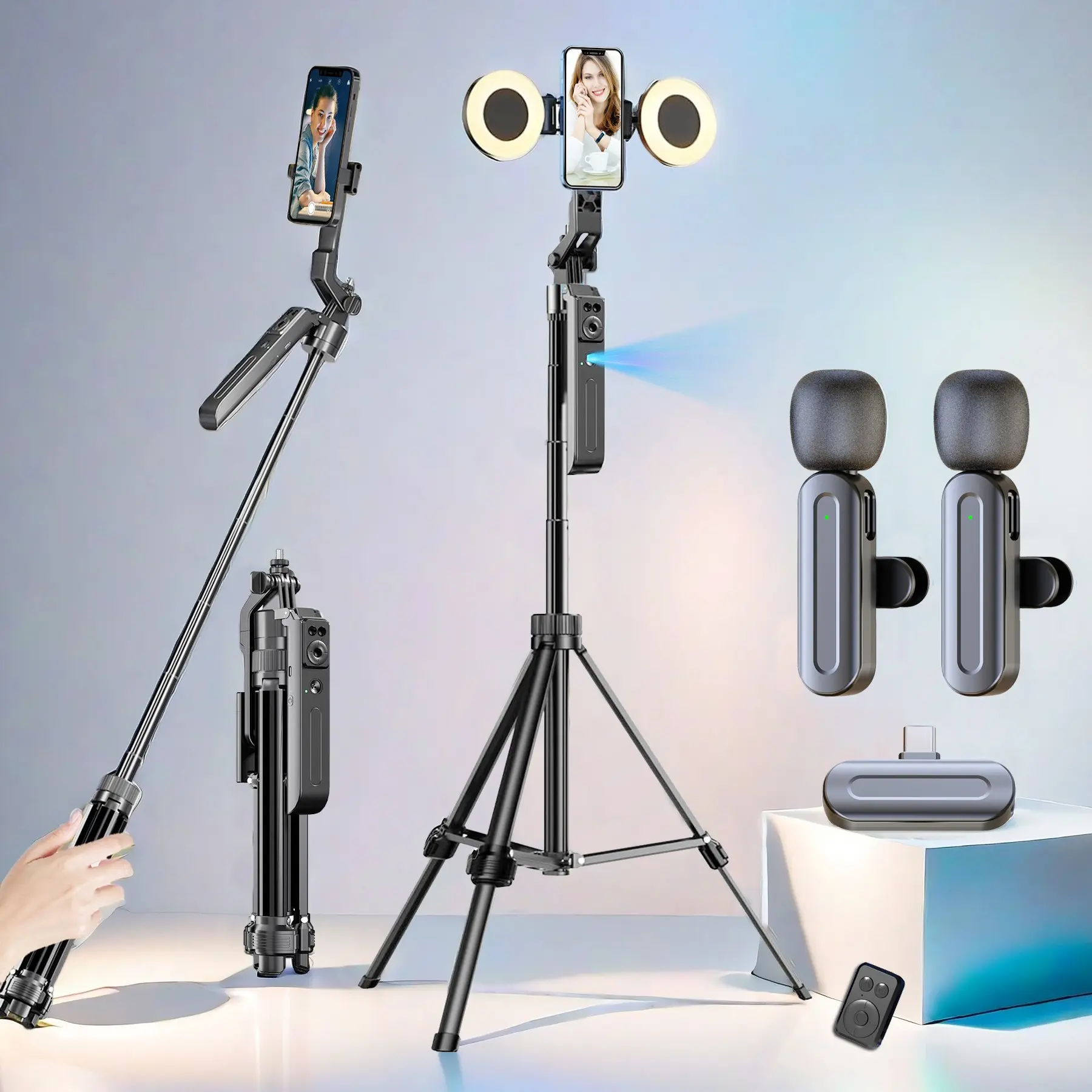 Ai Face Tracking Vlog Shooting Kit, 70 Inch Auto Face Follow Tripod with Light, Wireless Dual Lavalier Microphone, Remote Control, Selfie Stick, Smartphone Camera Accessories, Smartphone Vlogging Kit, Photoshoot Accessories