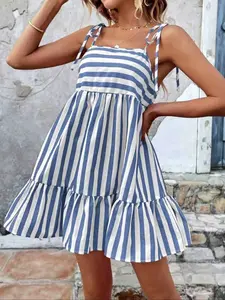 Women's Striped Ruffled Trim Detail Dress with Fine Straps, Elegant Casual Summer Fashion for Women, Perfect Dress for Any Occasion