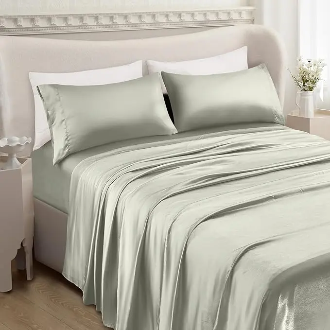 Mocassi 4-Piece Silky Satin Hotel Premier Sheet Set with Cooling Touch, Bright Shades