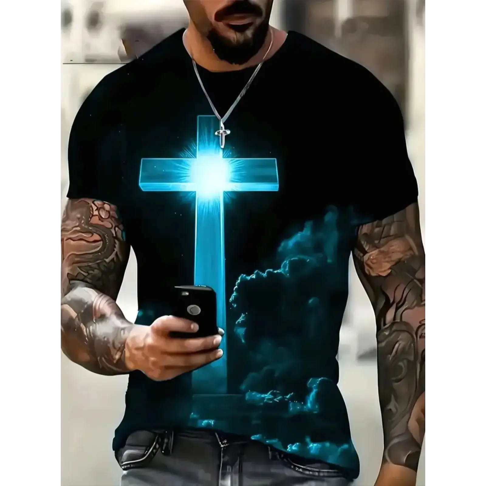 Men's Vintage Minimalist Style 3D Print Cross T-Shirt, Summer Short Sleeve Casual Streetwear Tee, Fitted Thin Knit Fabric Top for All Seasons Menswear