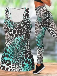 Women's Plus-Size 2-Piece Sports Sweat Suit, Comfortable Vest and Yoga Pants Set with Unique 3D Leopard Print, Stylish Choice for Casual Outings and Everyday Shopping
