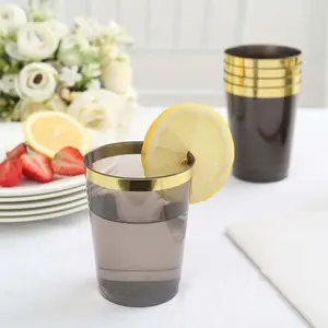 25-Pack Plastic Tumbler Cups 10oz Black with Gold Rim - Disposable Crystal Drinking Glasses for Parties