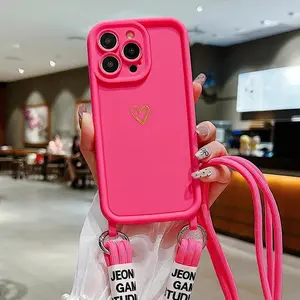 Solid Color Heart Strap Lanyard Phone Case for iPhone 16 15 14 Plus 13 12 11 XR XS XSMax Crossbody Strap Shockproof Protective Case Phone Accessories