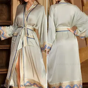 Plus Size Women's Robe with Pocket Long Kimono Bathrobe Gown Spring Summer New Sleepwear Nightgown Loose Satin Homewear Lingerie