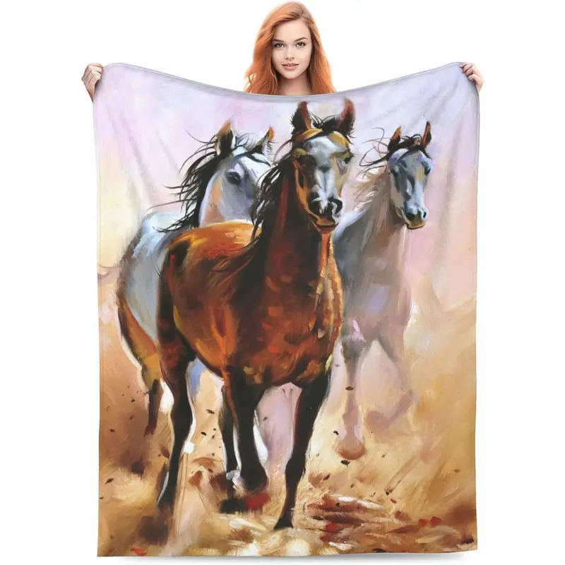 Oil Painting Horse Blanket Throw Blanket Soft Fuzzy Travel Blanket for Bedroom Living Room Couch Office Car All Season Gift for Girls Boys Women Men 60"x50"