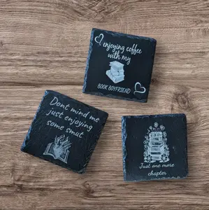 Slate Coasters - Decorative Tableware with Inspirational Quotes, Featuring "A Enjoying Coffee with My Book Boyfriend" & "Just One More Chapter"