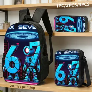 Durable Water Resistant 3-Piece Backpack Set for Kids, Lightweight School Bag with Lunch Box & Pencil Case, 600D Oxford Cloth, Breathable Padded Straps, Futuristic Robot 67 Neon Print, Large Capacity Fits 15-inch Laptop, Insulated Lunch Bag, Matching Cybe