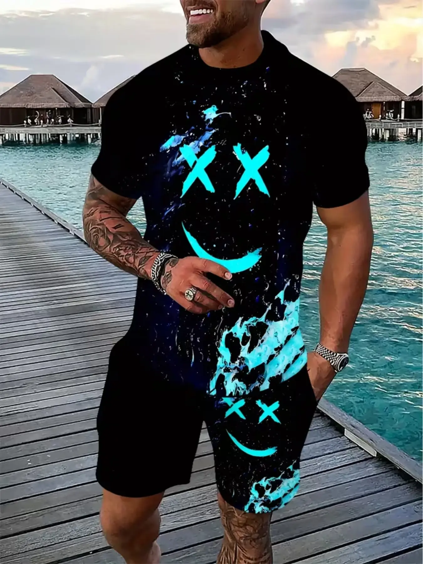 Dark Style Fluorescent Smile Men's Set, Graphic Tee Set, Vintage Menswear, Colorblock Design, Unique Streetwear, Athletic, All-Over Print, Casual Fit, All Seasons, Clothes