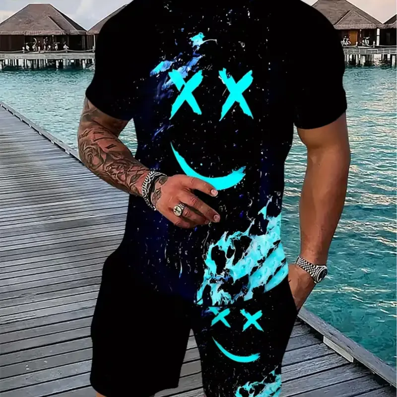 Dark Style Fluorescent Smile Men's Set, Graphic Tee Set, Vintage Menswear, Colorblock Design, Unique Streetwear, Athletic, All-Over Print, Casual Fit, All Seasons, Clothes