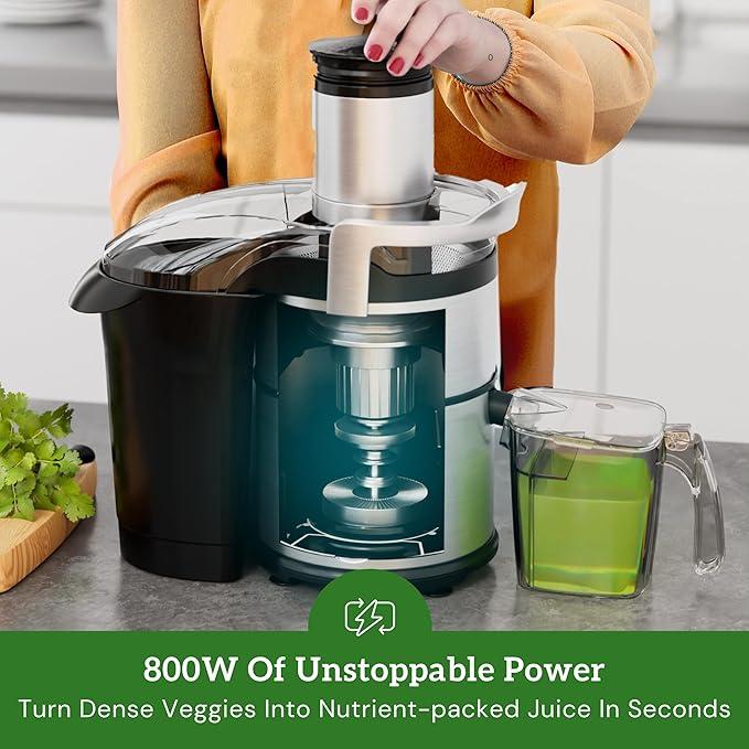 Eurolux Premium Juicer Machine 800W Pro Centrifugal Juicer with Wide Mouth 3" Feed Chute for Whole Fruits & Vegetables Easy to Clean Stainless Steel BPA-Free Powerful Juice Extractor Smoothie Blender
