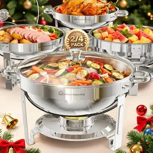 WARMOUNTS Round 5QT Chafing Dishes for Buffet with Glass Lid (2/4/6-Pack) | Chafers and Buffet Warmers for New Year‘s Party & Winter Gathering | Wedding & Catering