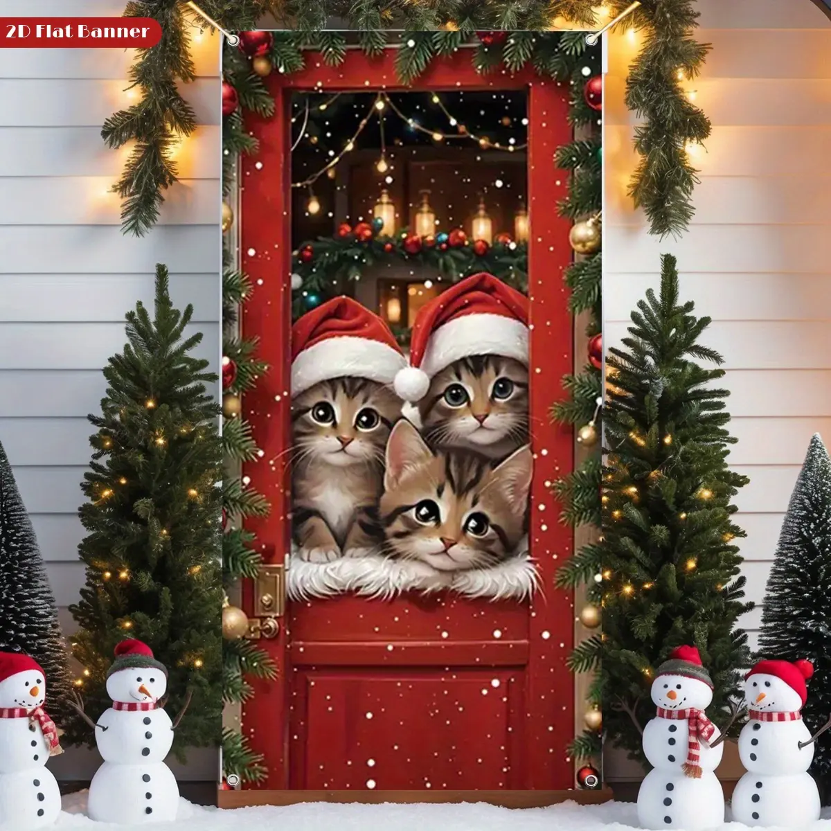 1pc 2D flat Christmas door cover cats in Santa hats perfect for indoor & outdoor decor, family get togethers, parties, and Thanksgiving; easy to install, sized 71 × 35.83 inches