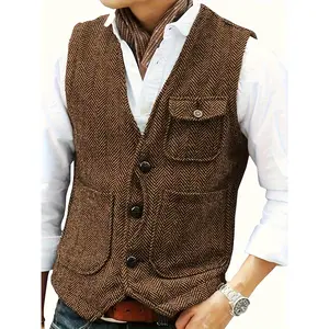 [Tweed Herringbone Suit Vest] Wool Tweed Herringbone Men's Formal Business Suit Vest - Western Waistcoat