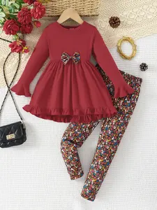 2PCS Baby Girl Clothing Long Sleeve Ruffled T-shirt Top+ Leopard Print Elastic Waist Pants