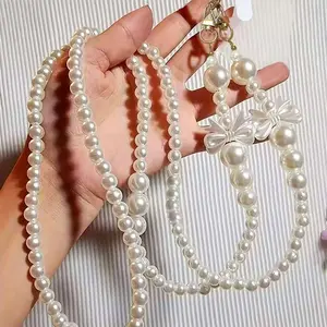 Long Faux Pearl Phone Strap, Butterfly Design, Crossbody Bag Shoulder Strap, Neck Strap, Handbag Accessory, Multi-Functional Luggage Tag