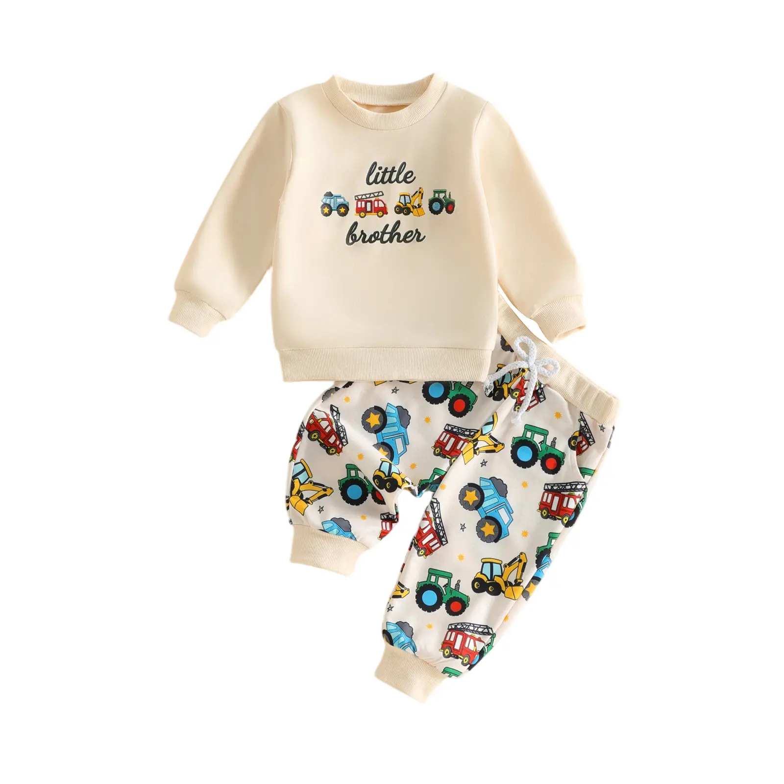 Toddler Baby Little Brother Matching Outfits Long Sleeve Construction Vehicle Embroidery Sweatshirt and Jogger Pants Set 3M-5Y