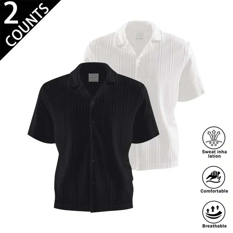 Men's Casual Button Down Cardigan, Lightweight Short Sleeve Ribbed Knit Tops with Cutout Collared Neck, Menswear, Shortsleeve, Basics, Chic, Plain, Fabric, Shirt, Cutouts, Breathable, Polyester, Preppy Style, Casual Wear, Short Sleeves