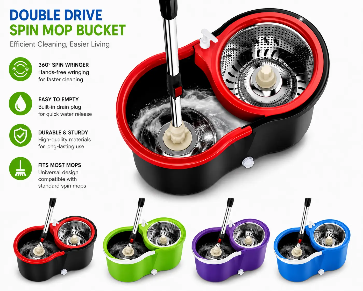 Double Drive Spin Mop Bucket with Wringer, 360° Rotating Spin Mop System, Hands-Free Wringing, Built-In Drain Plug, Microfiber Floor Cleaning Bucket for Tile, Hardwood & Laminate Floors