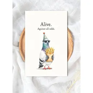 Funny Birthday Card "Alive. Against all odds." Watercolor Pigeon Greeting Card, Sarcastic Meme Birthday Gift, Cute Absurd Humor