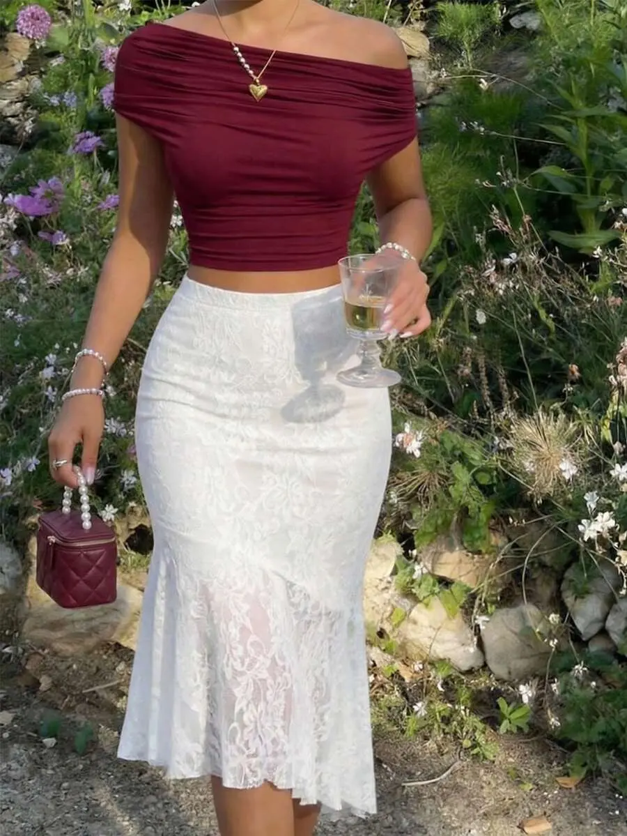 Women's Lace Patchwork Ruffle Hem Skirt, White Flower Summer Elegant Romantic Tea Party Garden Party Bachelorette Party Birthday, Wedding Beach Skirt