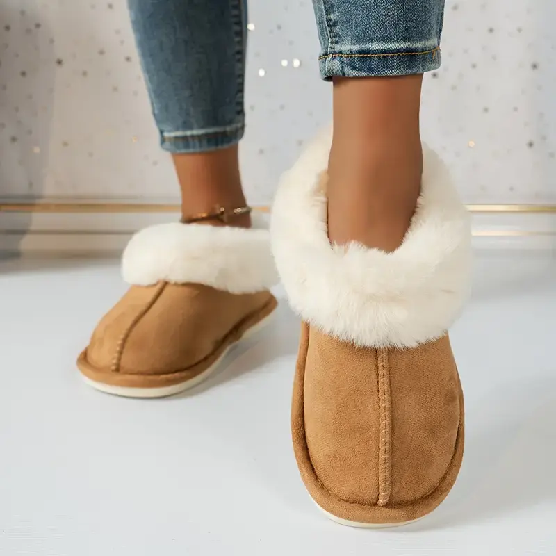 Women's Suede Leather Slip-On Fleece-Lined Short Mini Snow Boot Slippers, Chic Look, Polyester, Comfy Indoor-Outdoor Footwear