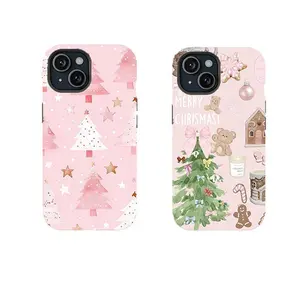 Festive Christmas Tree Print Custom Shockproof Tough Rubber-Polycarbonate Smartphone Case, Cute Pink Holiday Dual-Layer Casing with Enhanced Resistance, for iPhone 1-17 Pro Max Plus, Thanksgiving Gift for Handheld Devices, Phone Accessories Tech Accessory