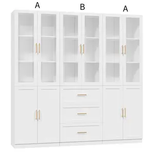 VOWNER Bookcase with Glass Doors & Drawers, 5 Tier Bookshelf with Adjustable Shelf, Display Cabinet Set for Home Office, Living Room, White（3 Set）