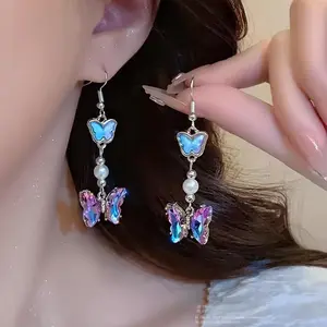 Y2K Butterfly Shiny Purple Dangle Earrings with Rhinestones and Imitation Pearls — Perfect for Parties, Everyday Outfits, and Gifting